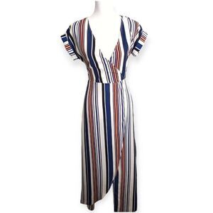 ZAFUL BLUE, WHITE, BLACK, & BROWN STRIPE FAUX WRAP DRESS SZ.S GUC